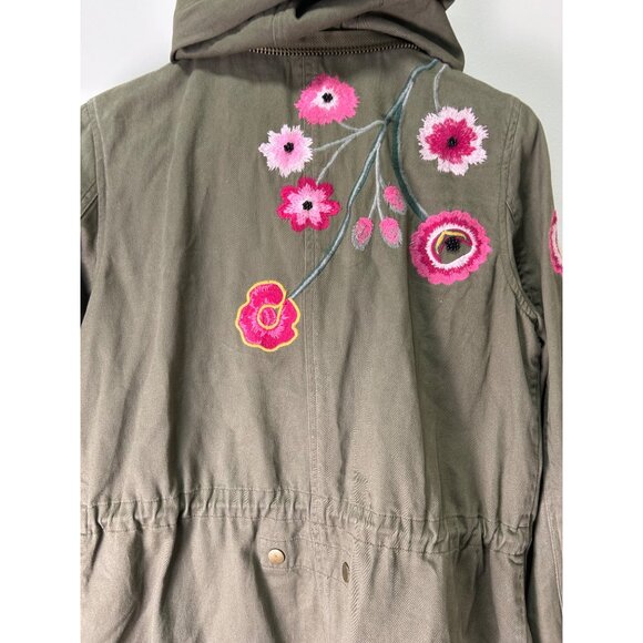 Olive Green Embroidered Floral Military Utility Jacket By Aqua Capsule Rugged - Picture 11 of 11